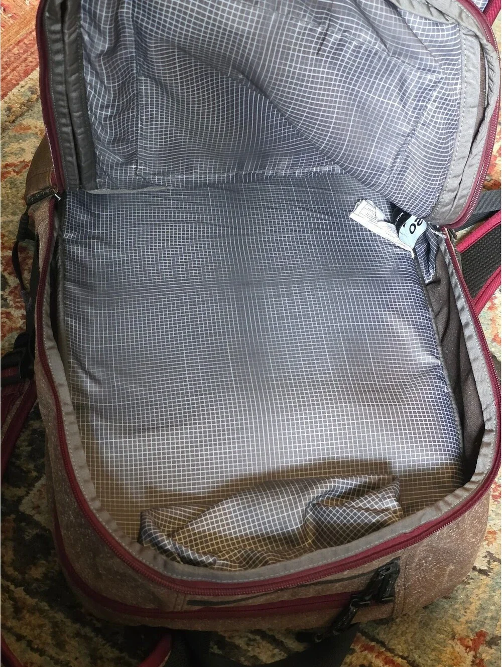 Timbuk2 Q Laptop Backpack Burgundy Twill and Brown TSA Friendly